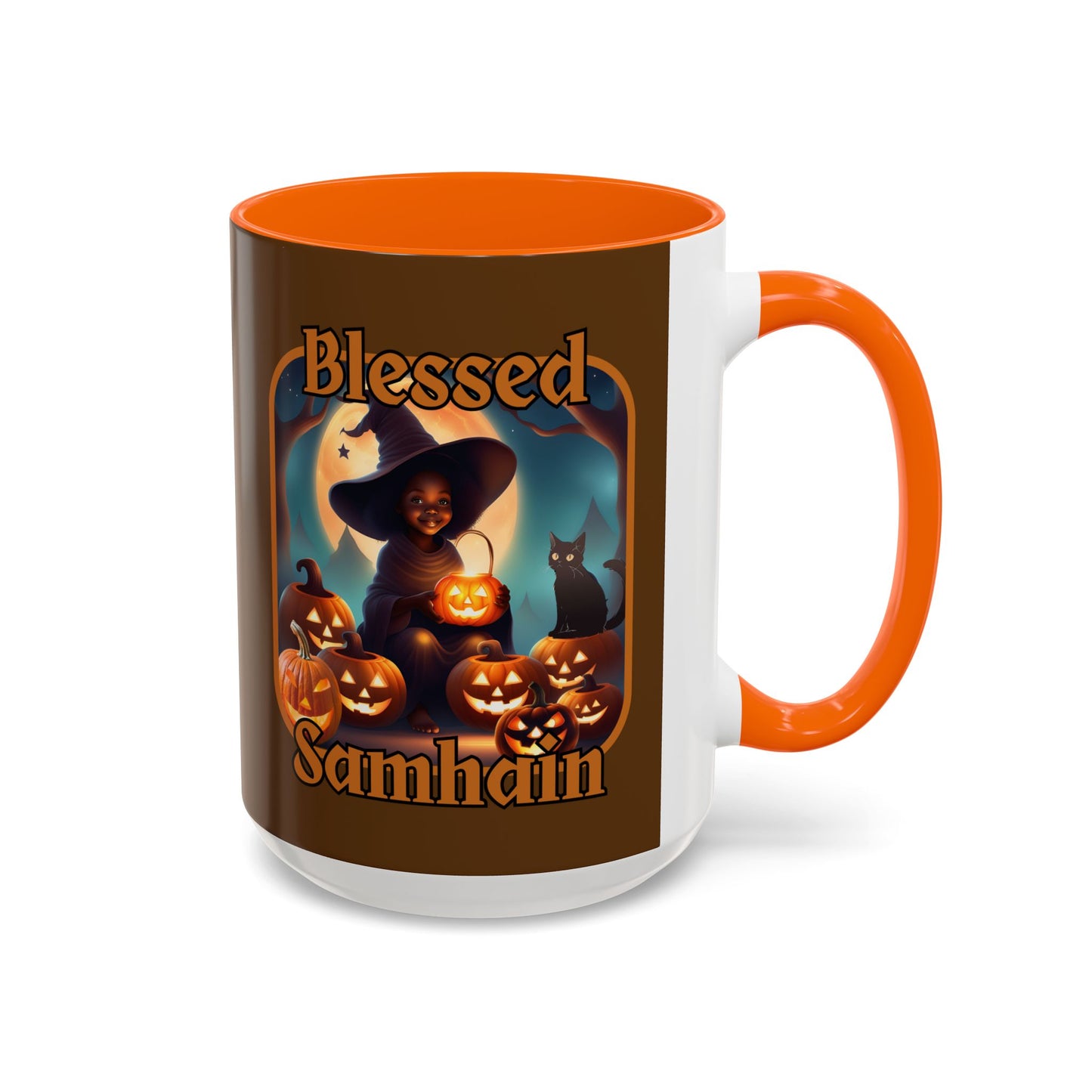 Blessed Samhain Cute Witch Orange font Brown Accent Mug by CreepyCrafts.boo