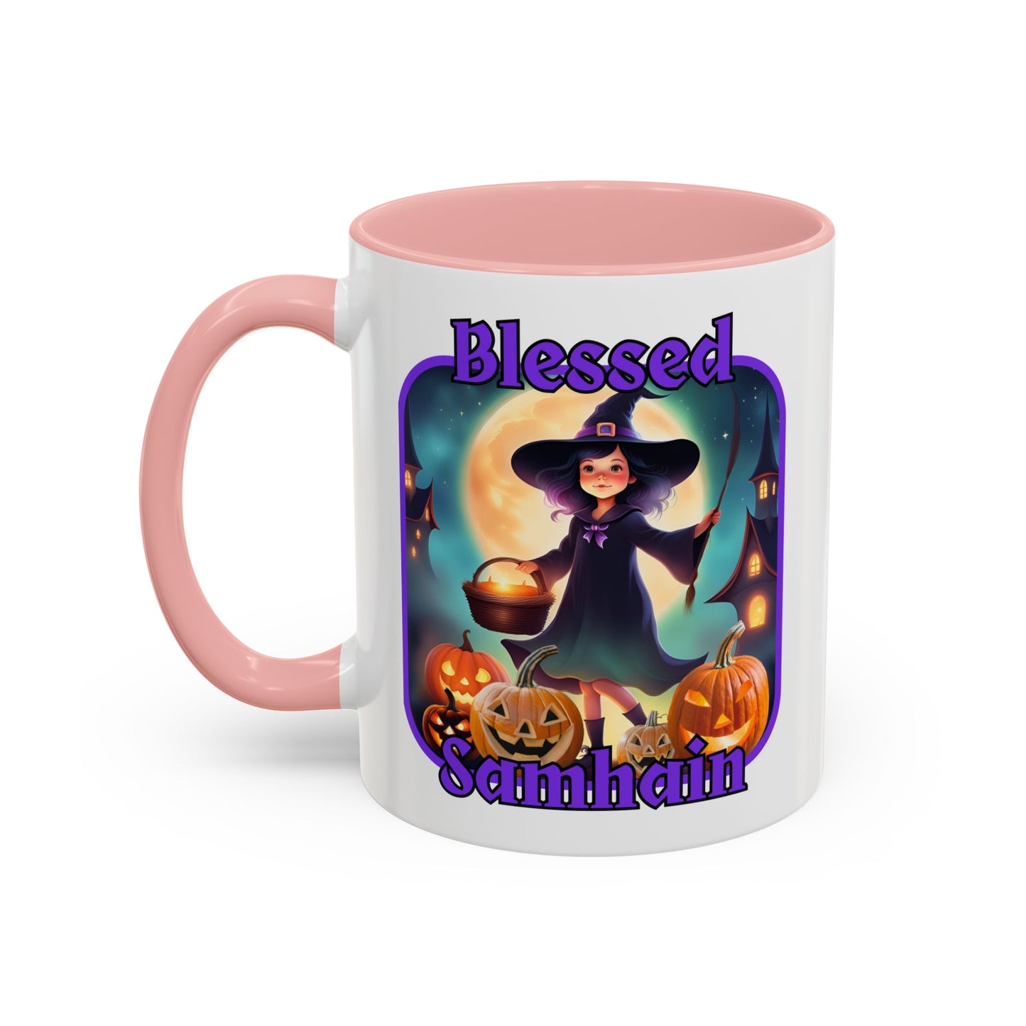Blessed Samhain Little Witch Purple font White Accent Mug by CreepyCrafts.boo