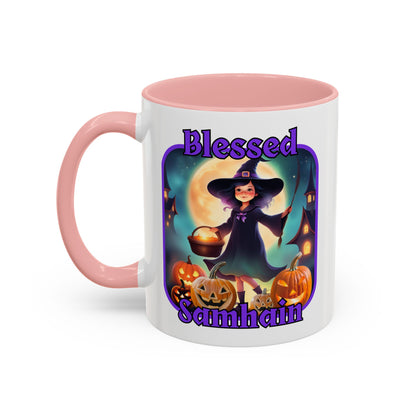 Blessed Samhain Little Witch Purple font White Accent Mug by CreepyCrafts.boo