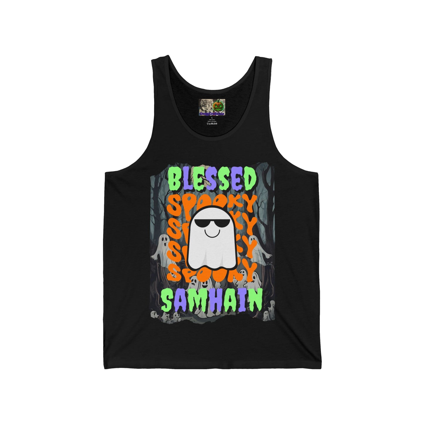 Spooky Blessed Samhain Ghost Mixed font Unisex Jersey Tank Top by CreepyCrafts.boo