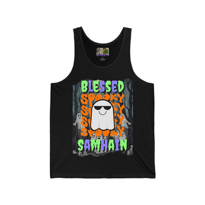 Spooky Blessed Samhain Ghost Mixed font Unisex Jersey Tank Top by CreepyCrafts.boo
