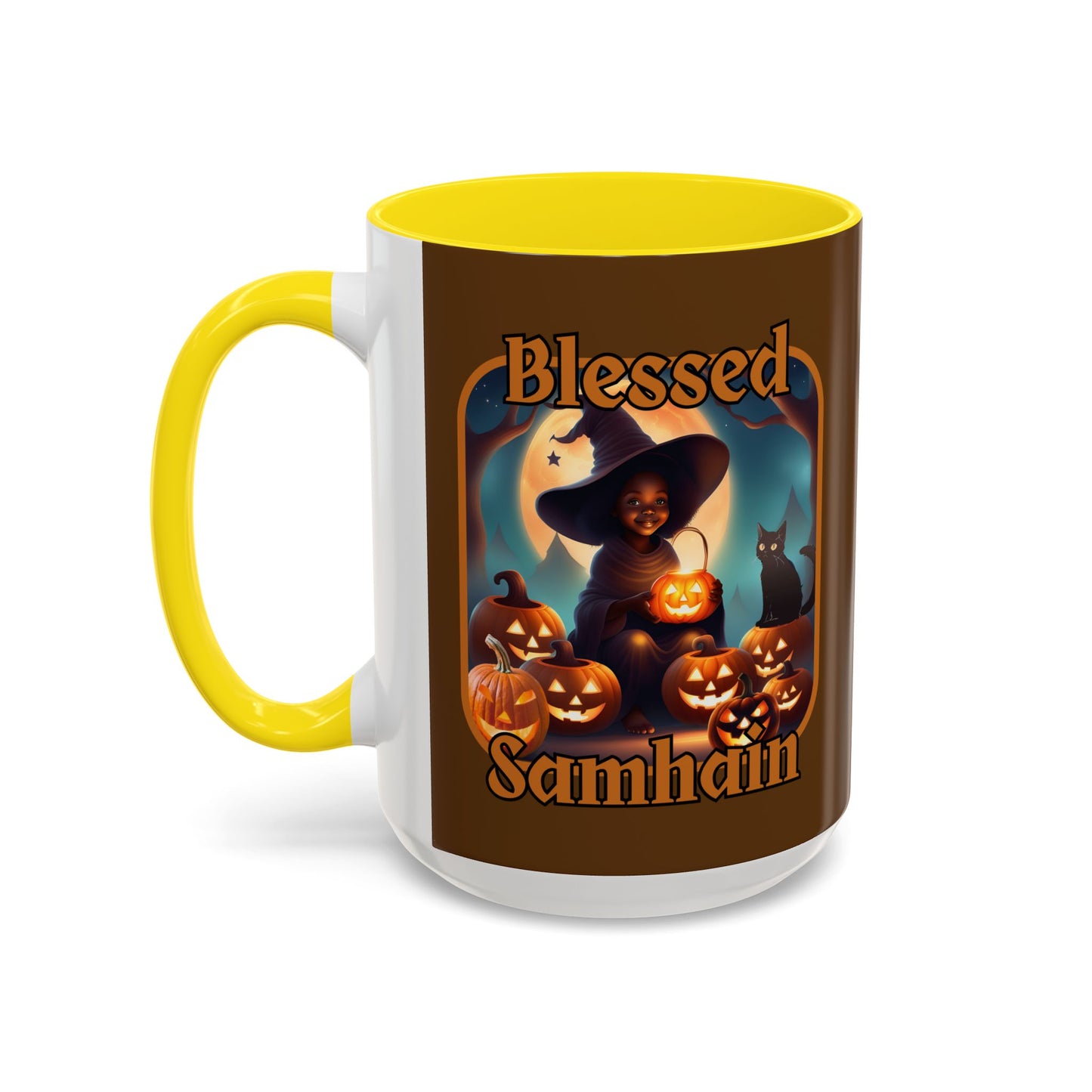 Blessed Samhain Cute Witch Orange font Brown Accent Mug by CreepyCrafts.boo