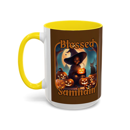 Blessed Samhain Cute Witch Orange font Brown Accent Mug by CreepyCrafts.boo