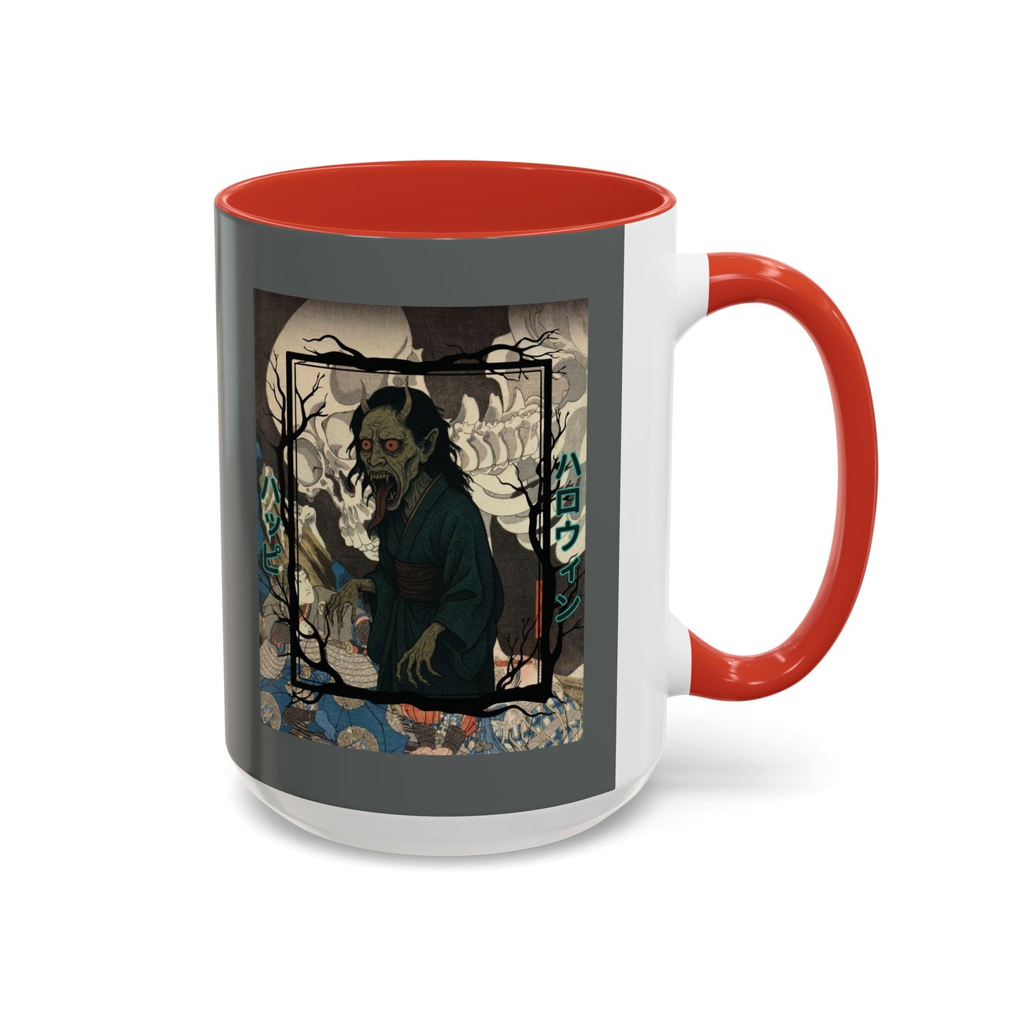 Yōkai Happy Halloween Grey Accent Mug by CreepyCrafts.boo