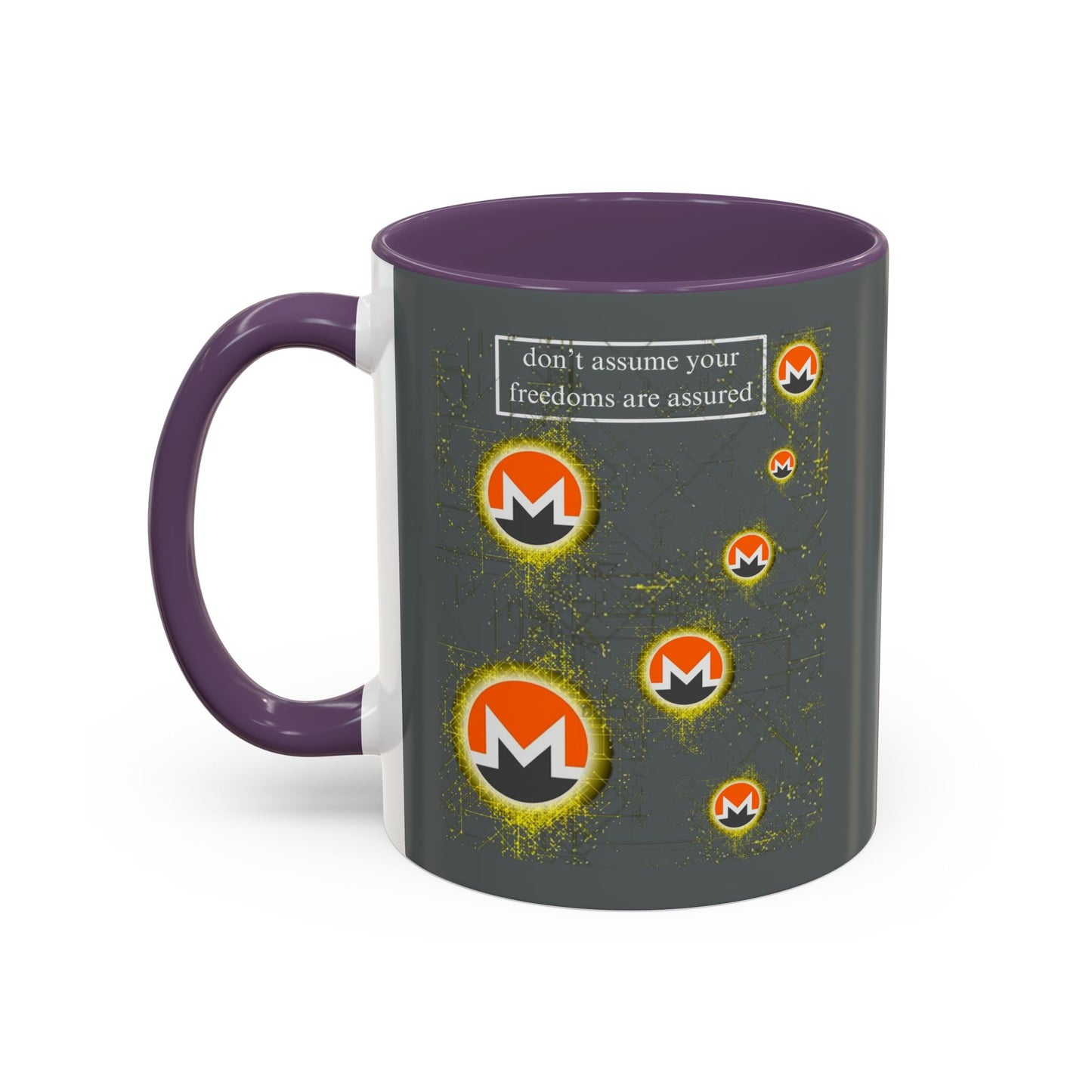 Monero (XMR) don't assume your freedoms are assured Grey Accent Mug by cypherpunkgear.com