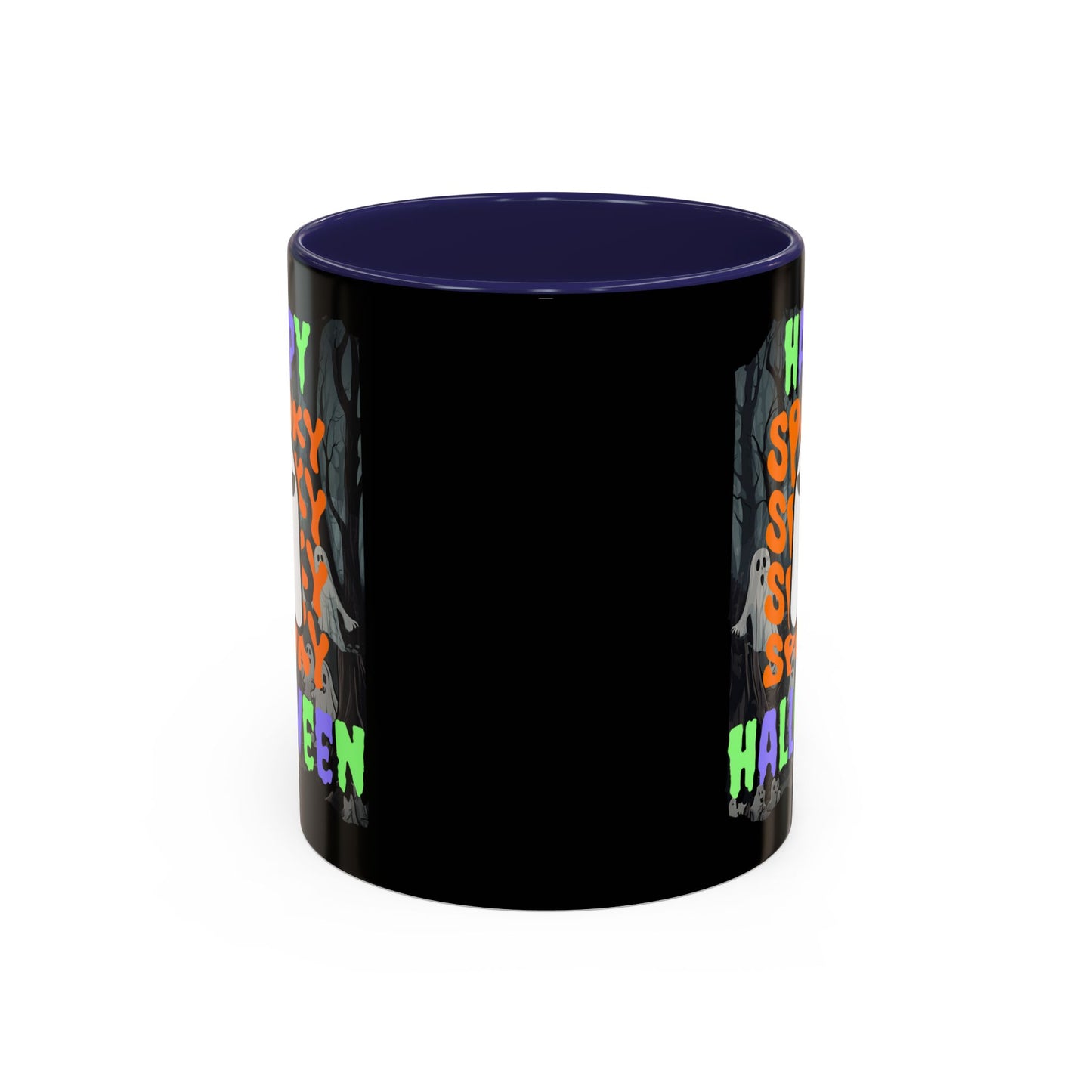 Spooky Happy Halloween Ghost Mixed font Black Accent Mug by CreepyCrafts.boo