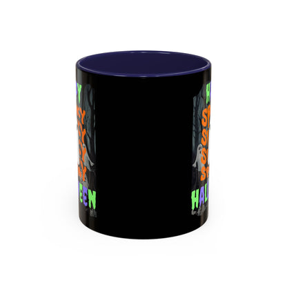 Spooky Happy Halloween Ghost Mixed font Black Accent Mug by CreepyCrafts.boo