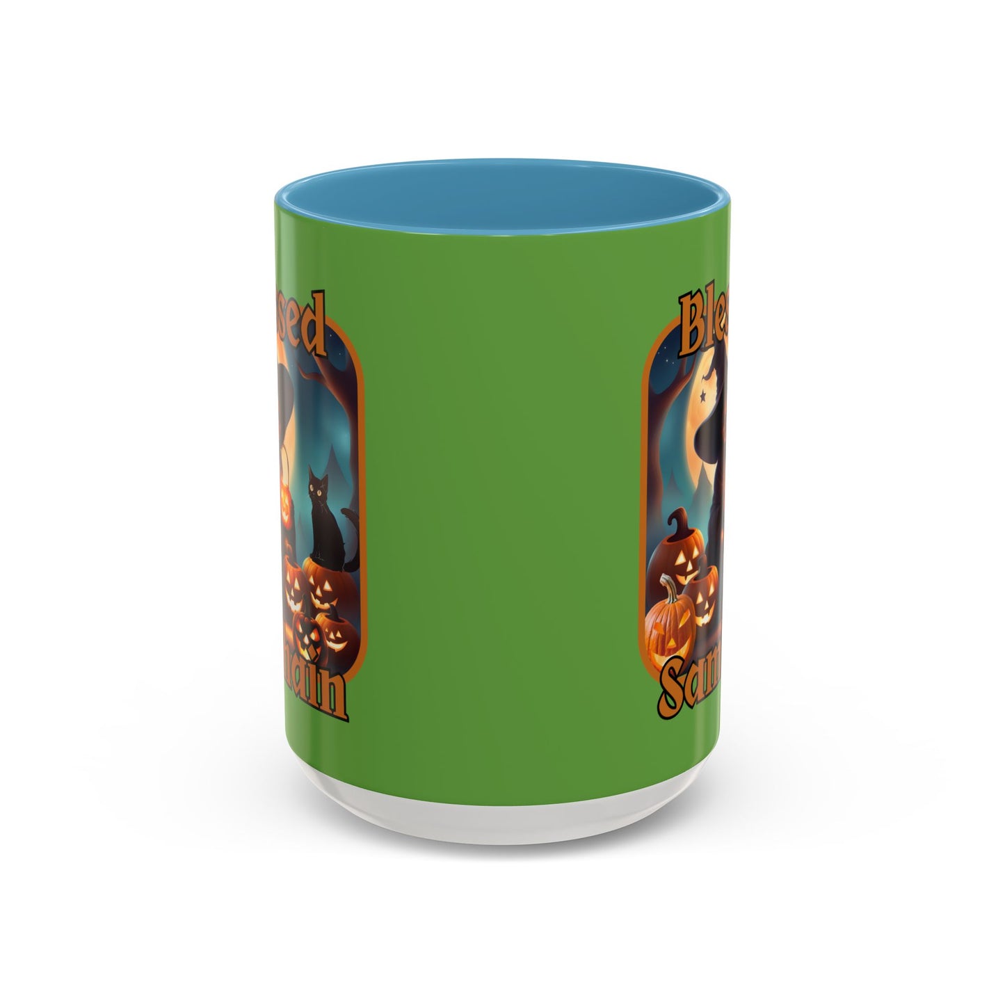 Blessed Samhain Cute Witch Orange font Green Accent Mug by CreepyCrafts.boo