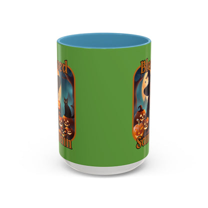 Blessed Samhain Cute Witch Orange font Green Accent Mug by CreepyCrafts.boo
