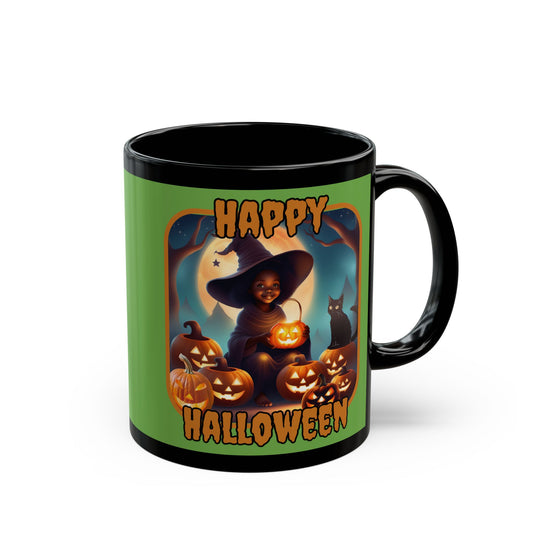 Happy Halloween Cute Witch Orange font Green Mug by CreepyCrafts.boo