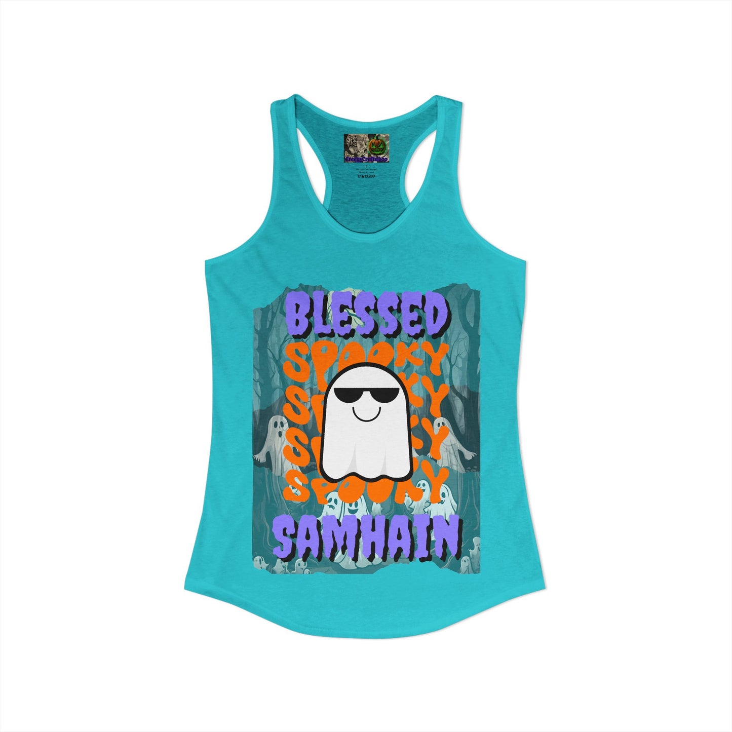 Spooky Blessed Samhain Ghost Purple font Women's Racerback Tank Top by CreepyCrafts.boo