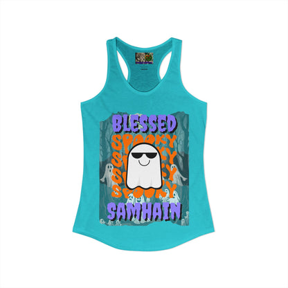 Spooky Blessed Samhain Ghost Purple font Women's Racerback Tank Top by CreepyCrafts.boo