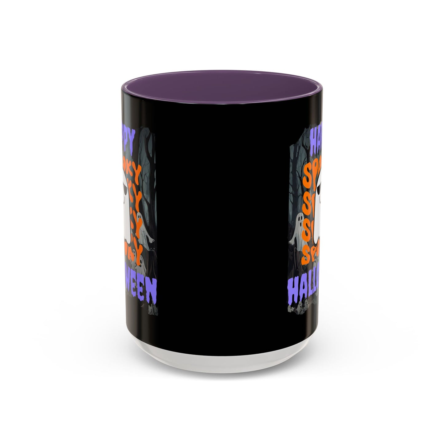 Spooky Happy Halloween Ghost Purple font Black Accent Mug by CreepyCrafts.boo