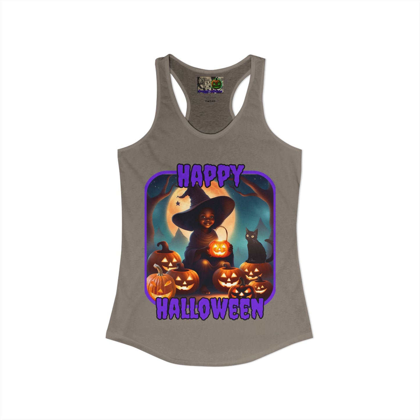 Happy Halloween Cute Witch Purple font Women's Racerback Tank Top by CreepyCrafts.boo