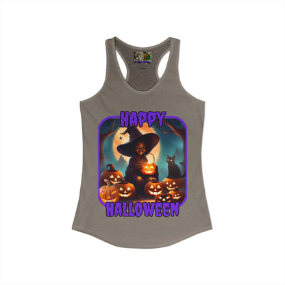 Happy Halloween Cute Witch Purple font Women's Racerback Tank Top by CreepyCrafts.boo