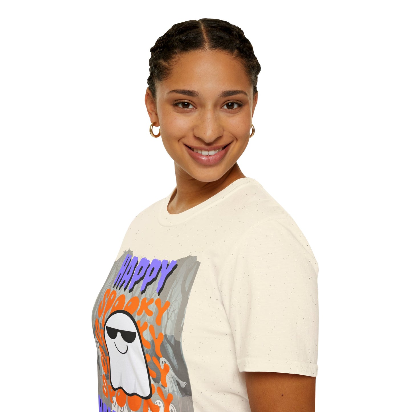 Spooky Happy Halloween Ghost Light colors Purple font Unisex T-Shirt by CreepyCrafts.boo