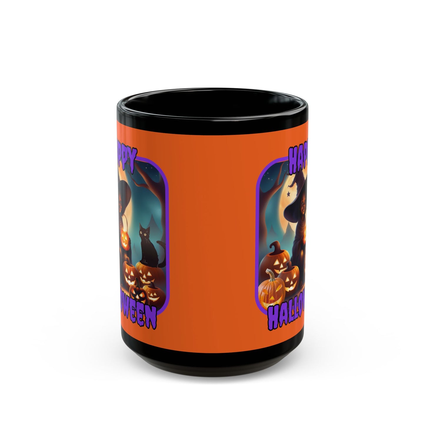 Happy Halloween Cute Witch Purple font Orange Mug by CreepyCrafts.boo