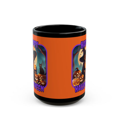 Happy Halloween Cute Witch Purple font Orange Mug by CreepyCrafts.boo