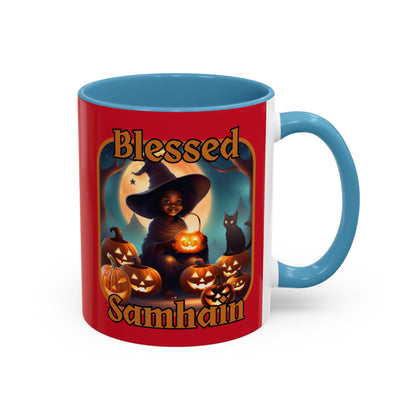 Blessed Samhain Cute Witch Orange font Red Accent Mug by CreepyCrafts.boo