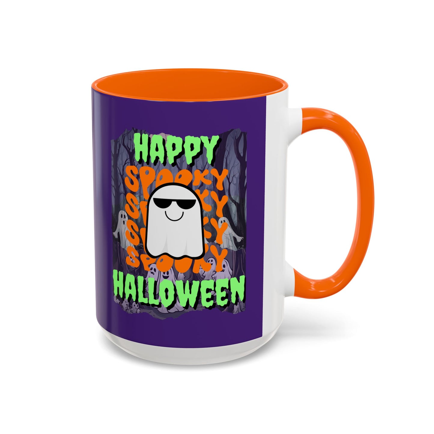 Spooky Happy Halloween Ghost Green font Purple Accent Mug by CreepyCrafts.boo