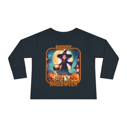 Happy Halloween Little Witch Orange font Toddler Long Sleeve Tee by CreepyCrafts.boo