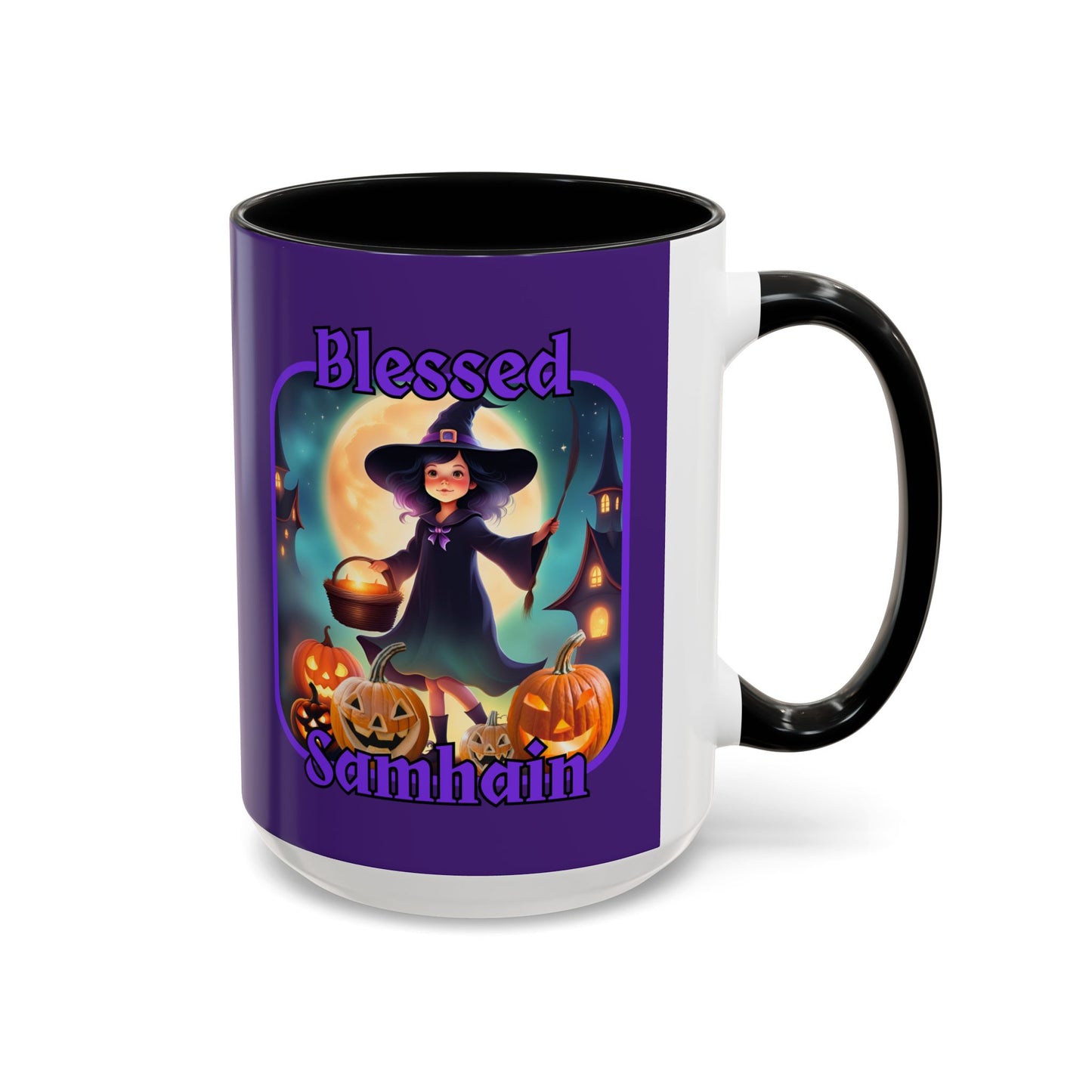 Blessed Samhain Little Witch Purple font Purple Accent Mug by CreepyCrafts.boo