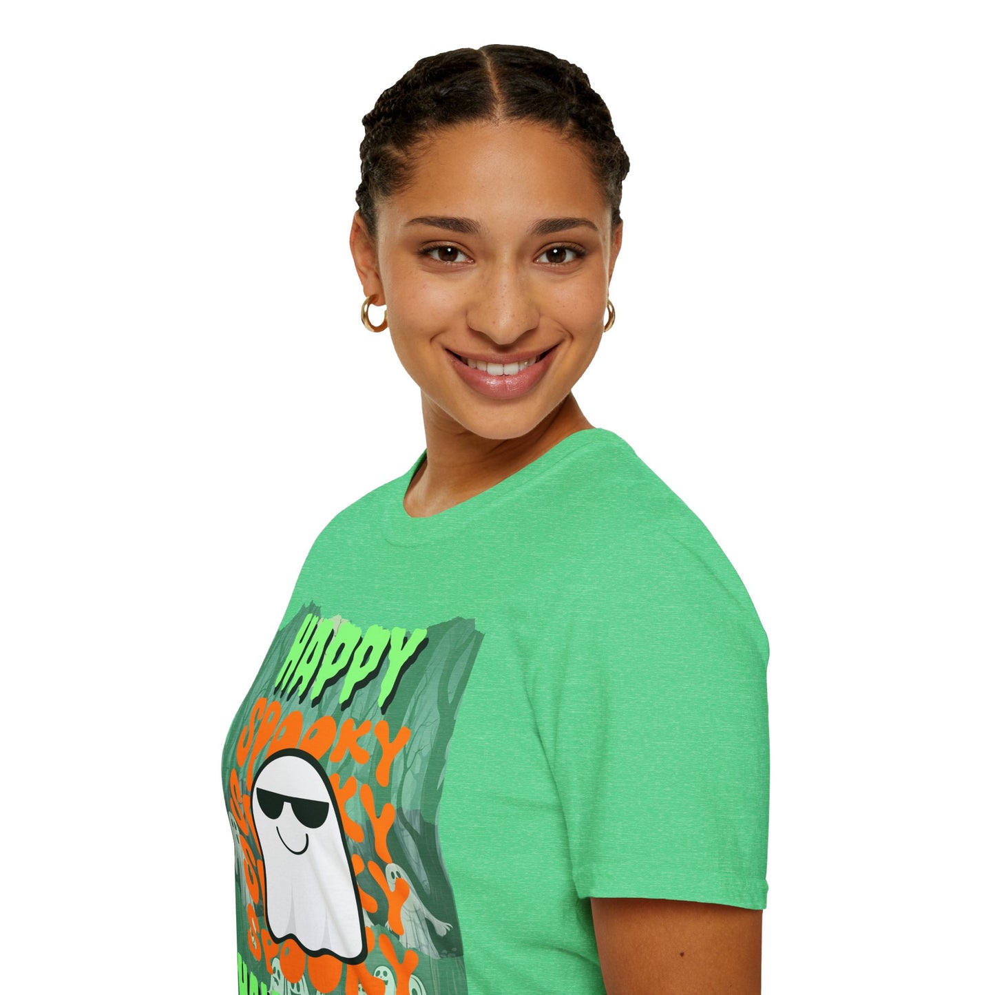 Spooky Happy Halloween Ghost Dark colors Green font Unisex T-Shirt by CreepyCrafts.boo