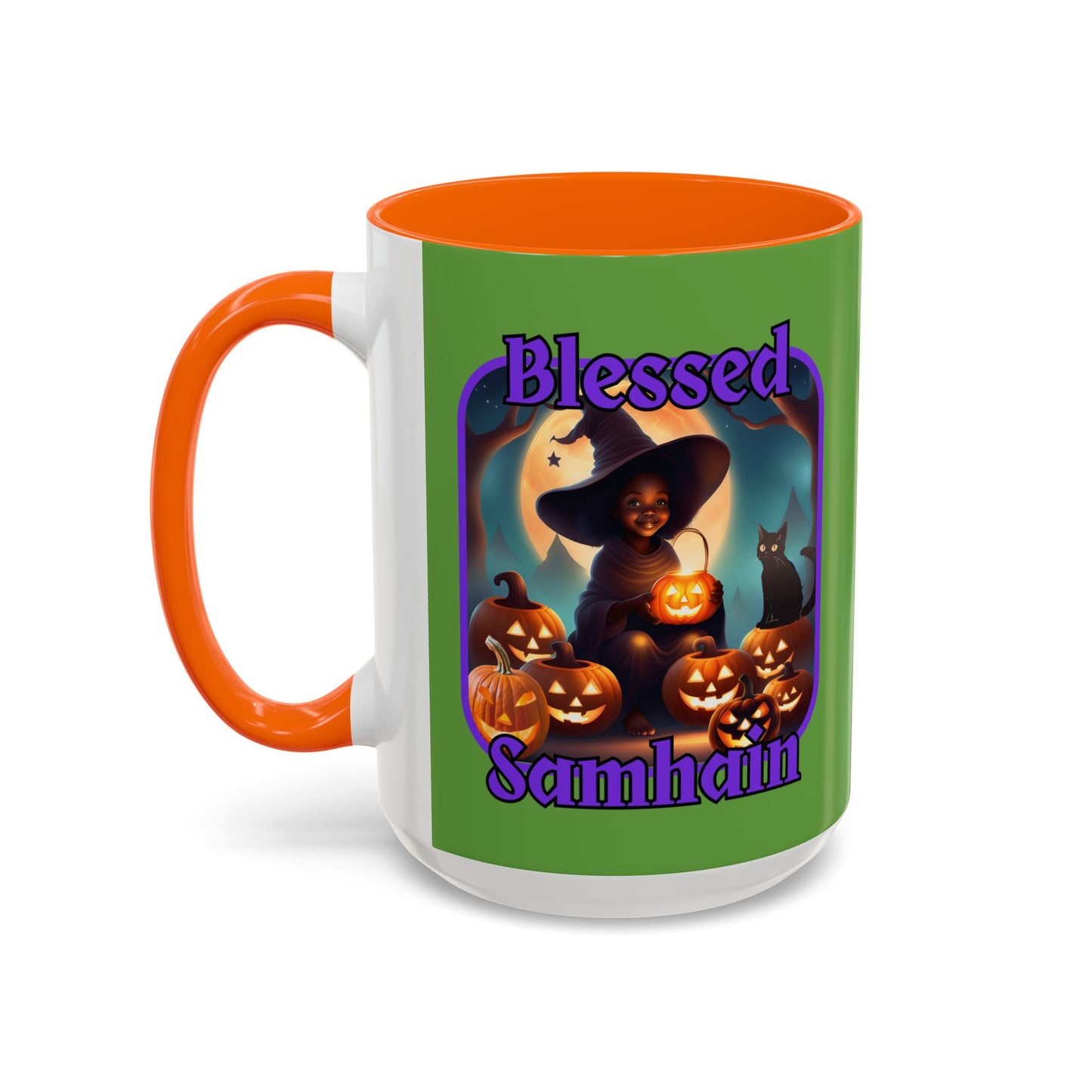 Blessed Samhain Cute Witch Purple font Green Accent Mug by CreepyCrafts.boo