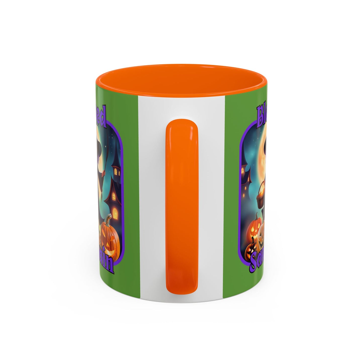 Blessed Samhain Little Witch Purple font Green Accent Mug by CreepyCrafts.boo
