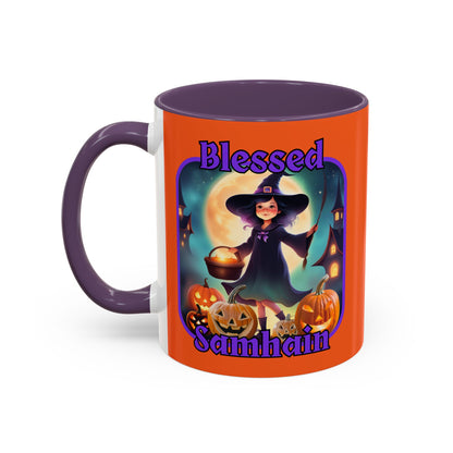 Blessed Samhain Little Witch Purple font Orange Accent Mug by CreepyCrafts.boo