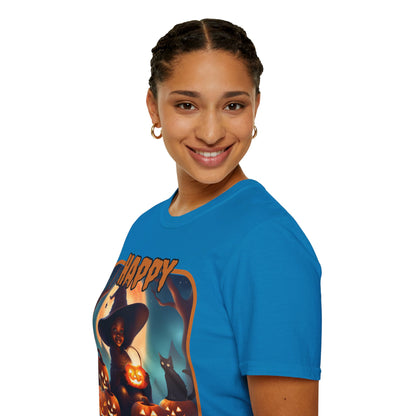 Happy Halloween Cute Witch Orange font, Dark colors, Unisex T-Shirt by CreepyCrafts.boo