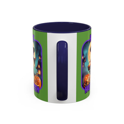 Happy Halloween Little Witch Purple font Green Accent Mug by CreepyCrafts.boo