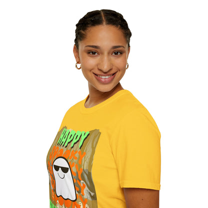 Spooky Happy Halloween Ghost Light colors Green font Unisex T-Shirt by CreepyCrafts.boo