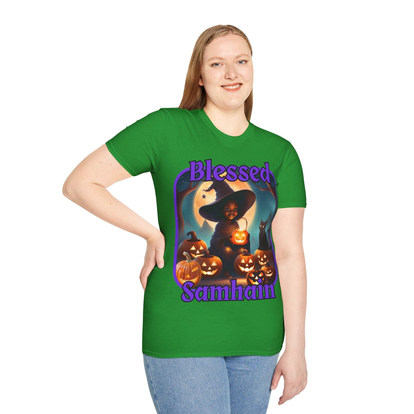 Blessed Samhain Cute Witch Purple font Dark colors Unisex T-Shirt by CreepyCrafts.boo
