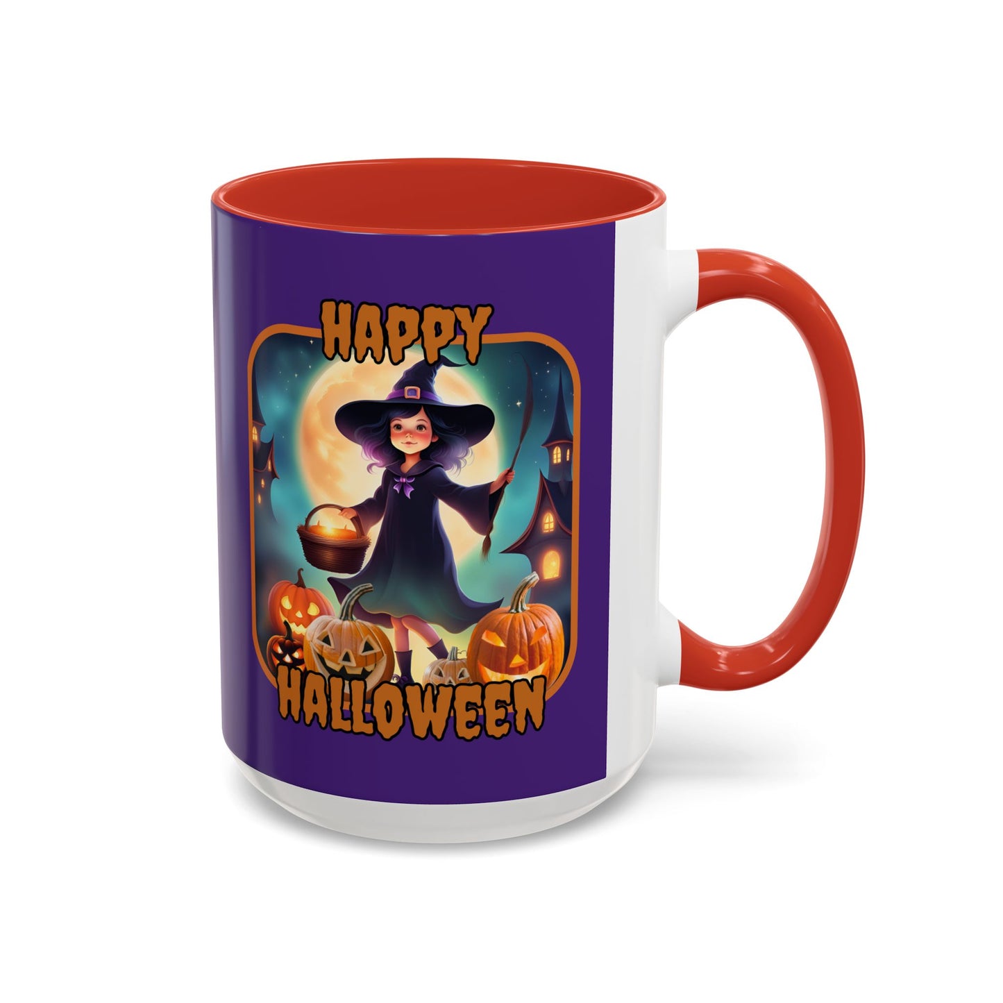 Happy Halloween Little Witch Orange font Purple Accent Mug by CreepyCrafts.boo
