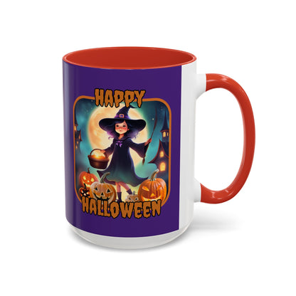 Happy Halloween Little Witch Orange font Purple Accent Mug by CreepyCrafts.boo