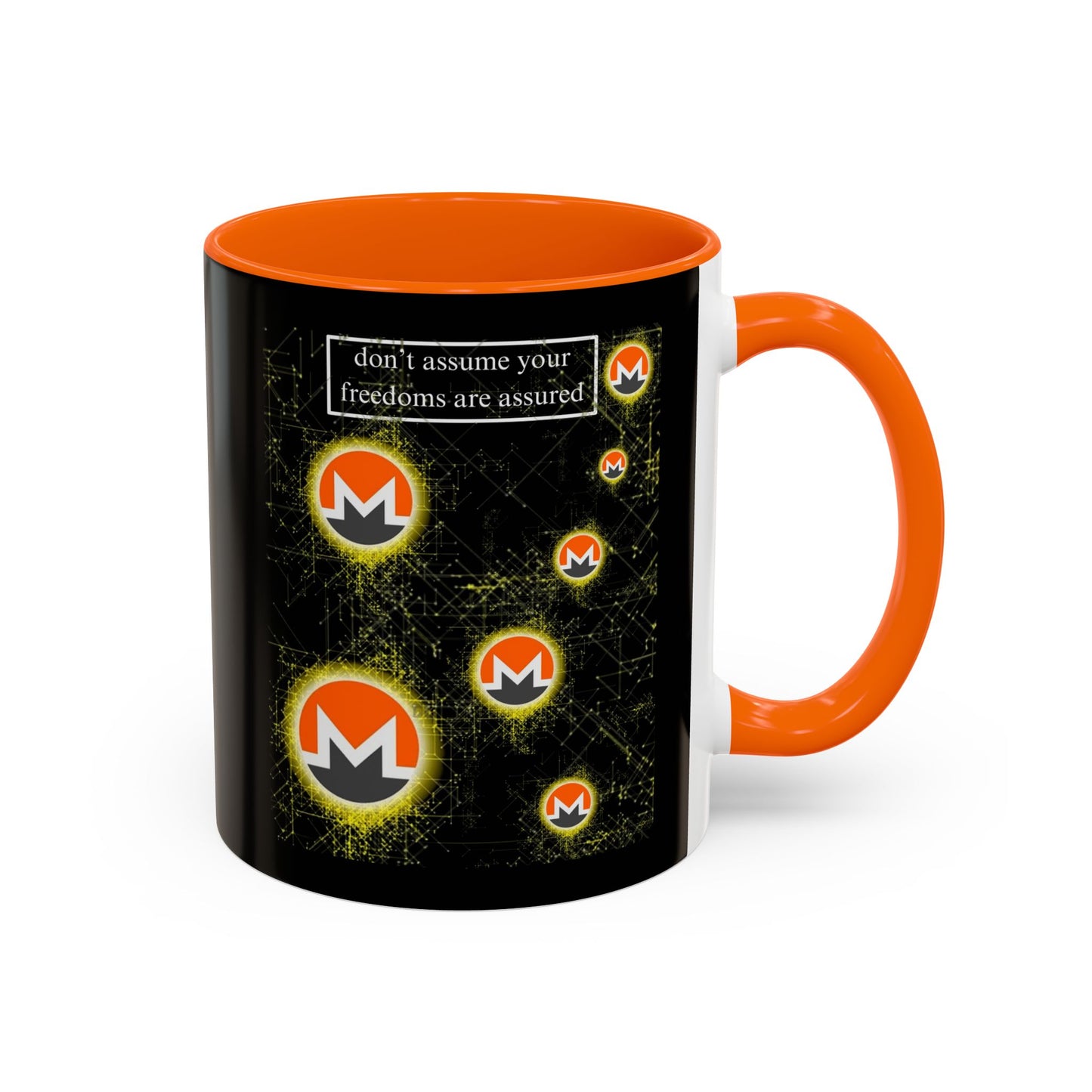 Monero (XMR) don't assume your freedoms are assured Black Accent Mug by cypherpunkgear.com