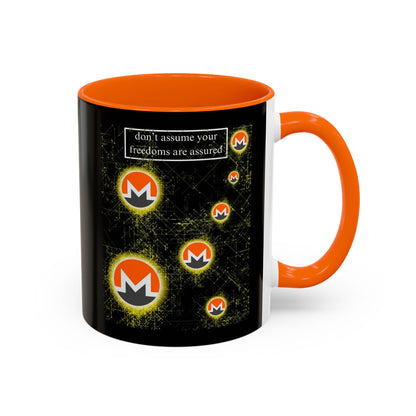Monero (XMR) don't assume your freedoms are assured Black Accent Mug by cypherpunkgear.com