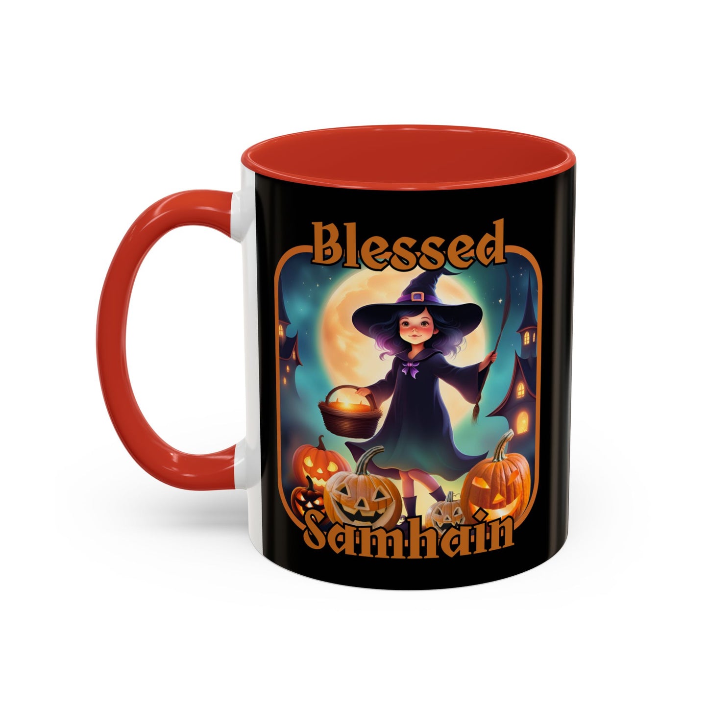 Blessed Samhain Little Witch Orange font Black Accent Mug by CreepyCrafts.boo