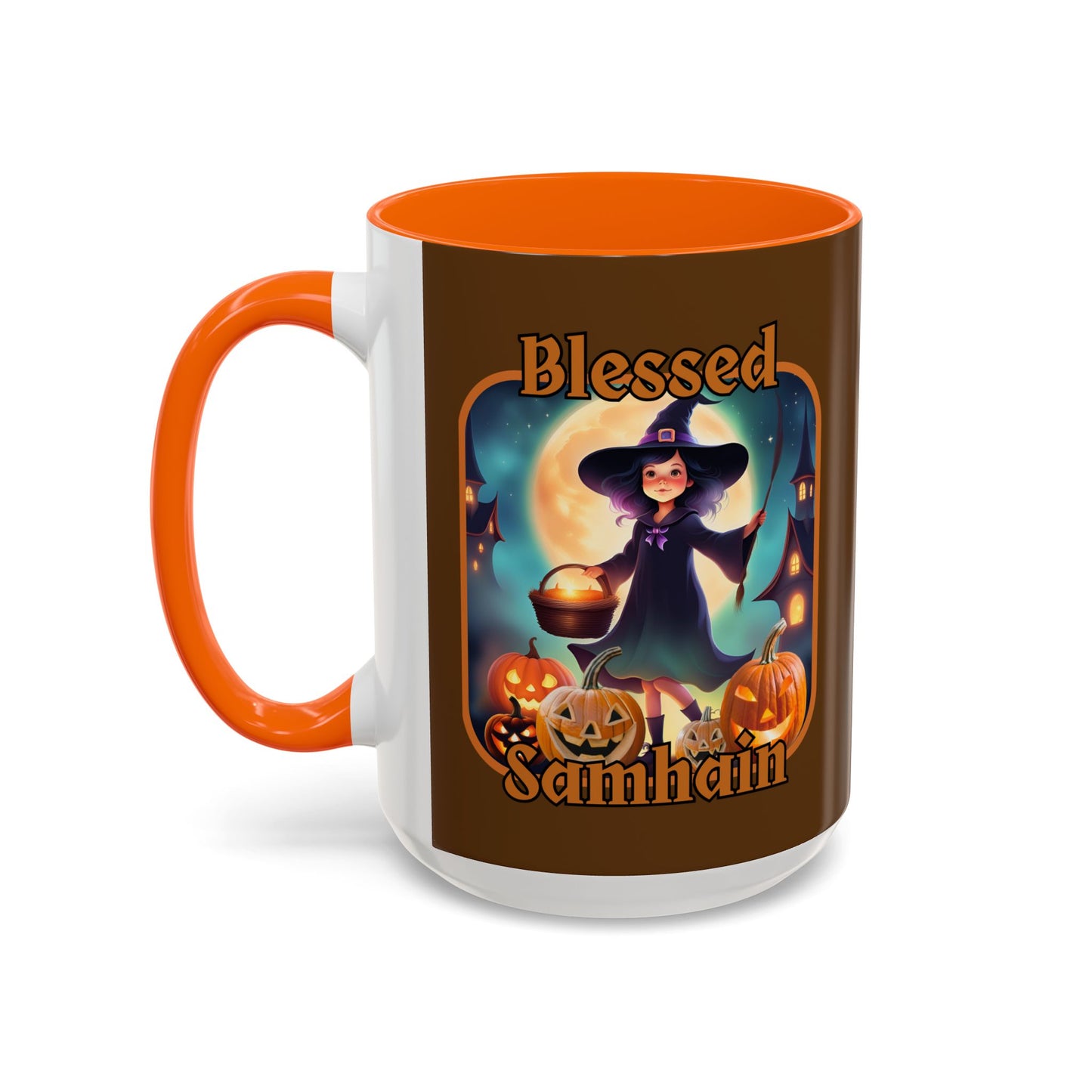 Blessed Samhain Little Witch Orange font Brown Accent Mug by CreepyCrafts.boo