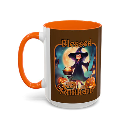Blessed Samhain Little Witch Orange font Brown Accent Mug by CreepyCrafts.boo