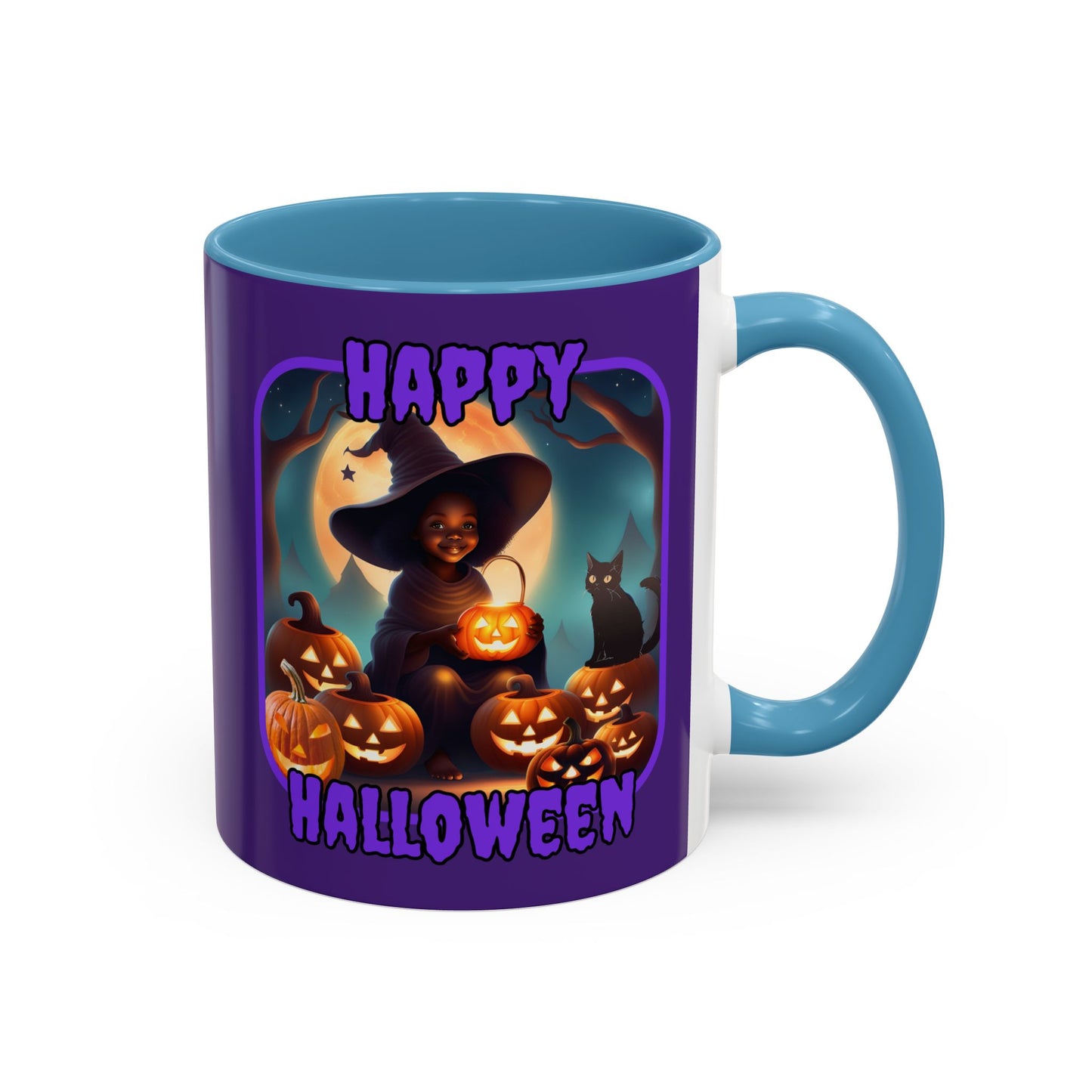 Happy Halloween Cute Witch Purple font Purple Accent Mug by CreepyCrafts.boo