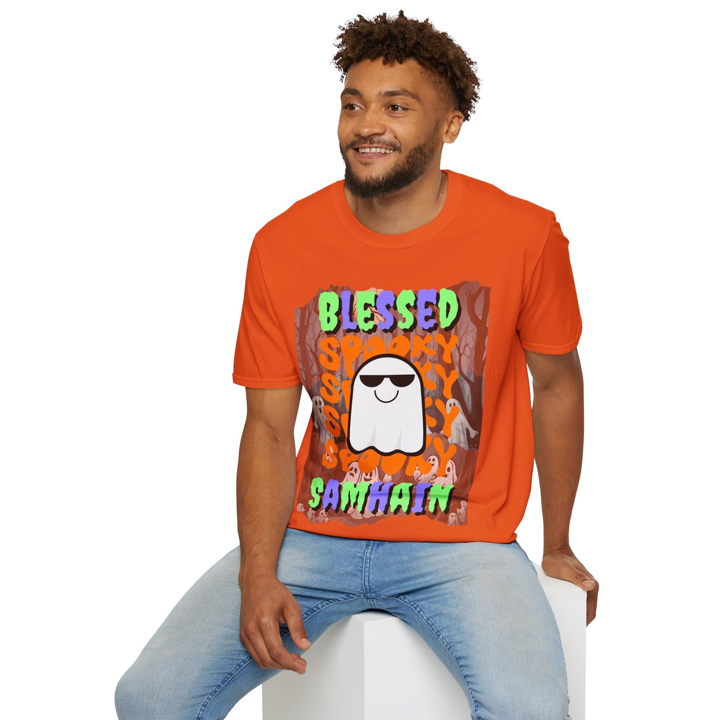 Spooky Blessed Samhain Ghost Mixed font Unisex T-Shirt by CreepyCrafts.boo
