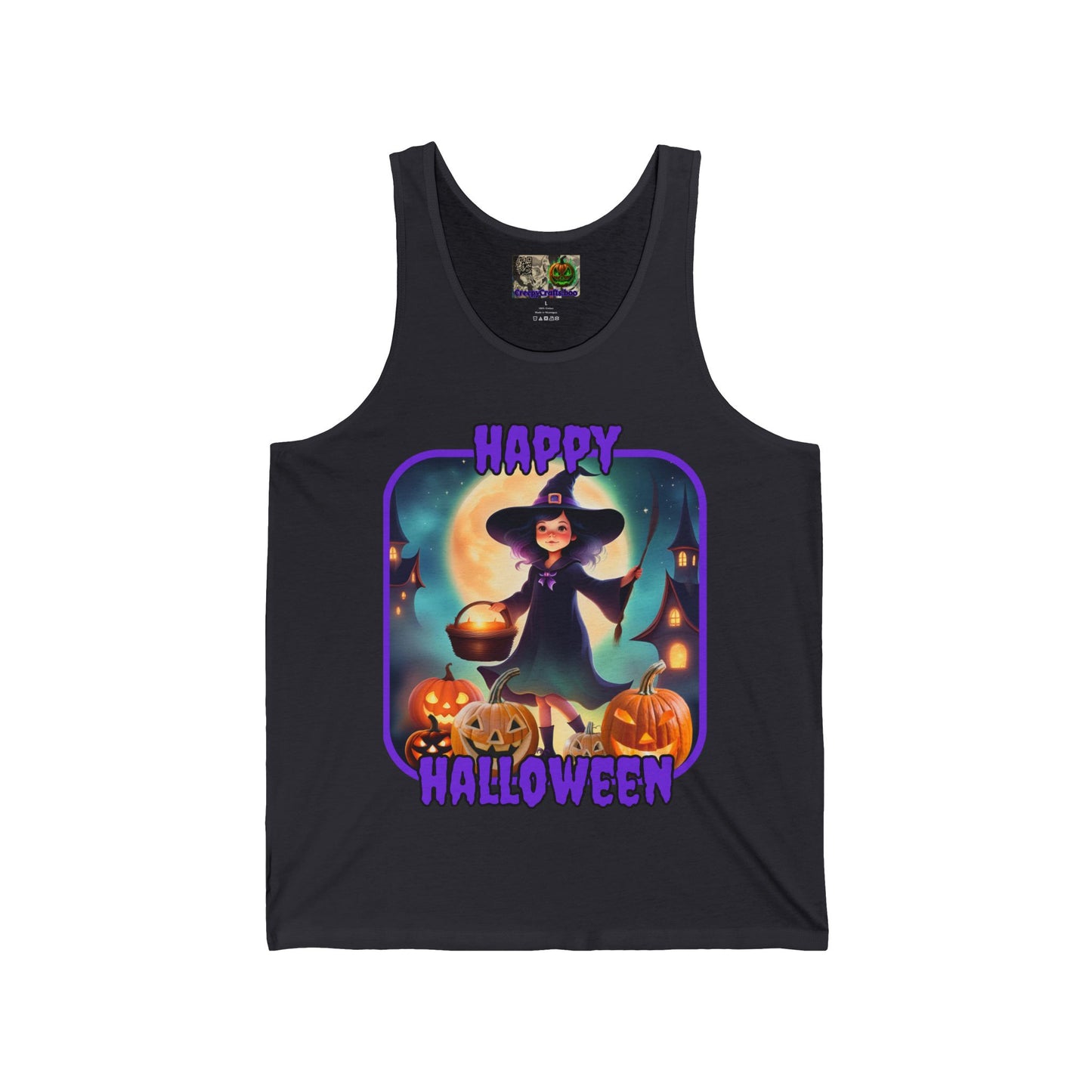 Happy Halloween Little Witch Purple font Unisex Jersey Tank Top by CreepyCrafts.boo