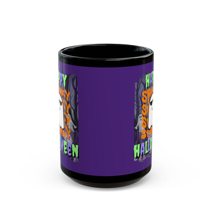 Spooky Happy Halloween Ghost Mixed font Purple Mug by CreepyCrafts.boo