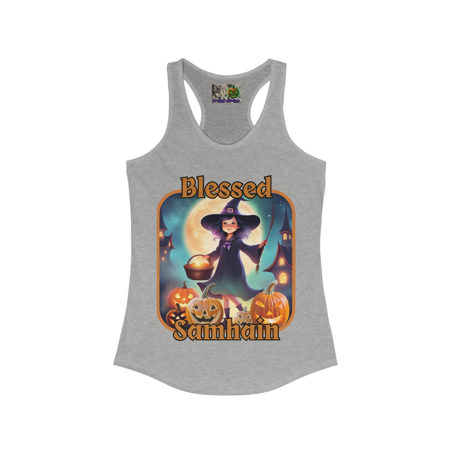 Blessed Samhain Little Witch Orange font Women's Racerback Tank Top by CreepyCrafts.boo
