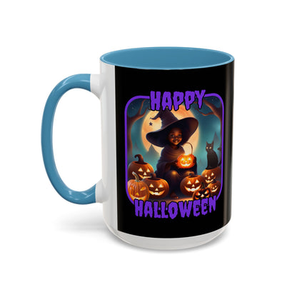 Happy Halloween Cute Witch Purple font Black Accent Mug by CreepyCrafts.boo