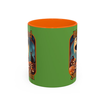 Blessed Samhain Cute Witch Orange font Green Accent Mug by CreepyCrafts.boo