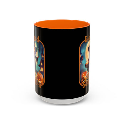 Blessed Samhain Little Witch Orange font Black Accent Mug by CreepyCrafts.boo
