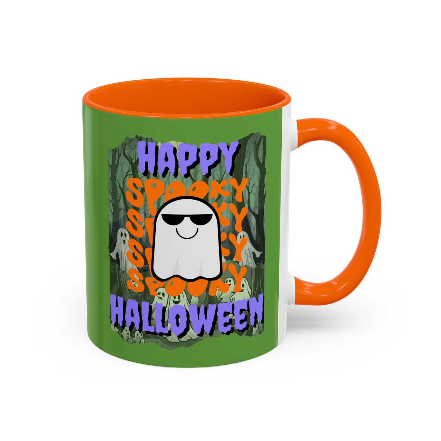 Spooky Happy Halloween Ghost Purple font Green Accent Mug by CreepyCrafts.boo